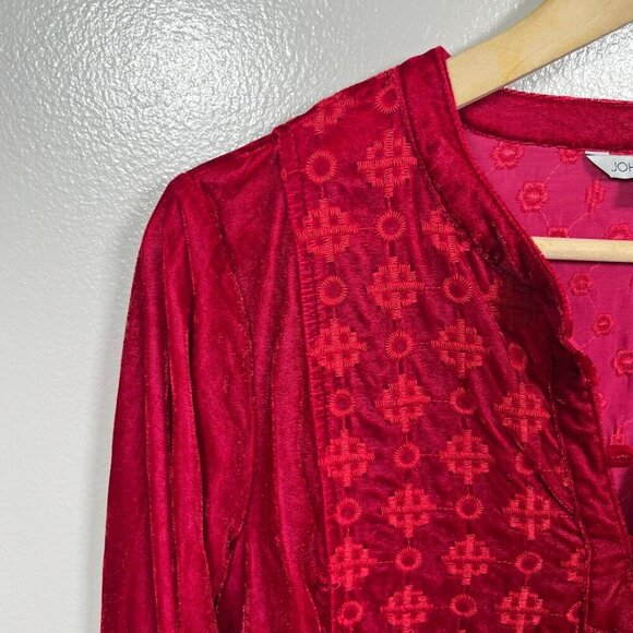 John Mark Velvet Tunic Top Size Small Red Embroidered Roll Tab Sleeve Peasant - Picture 4 of 10